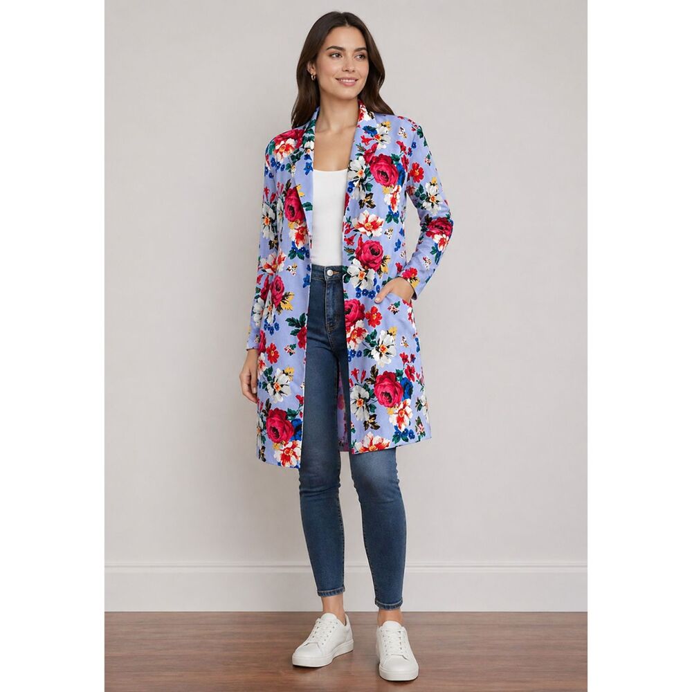 Tahari Floral Print Long Jacket Open Front L
